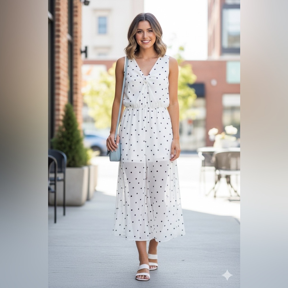 Vernacular ($110) Polka Dot Jumpsuit White Black Midi Sleeveless Chic Sz M